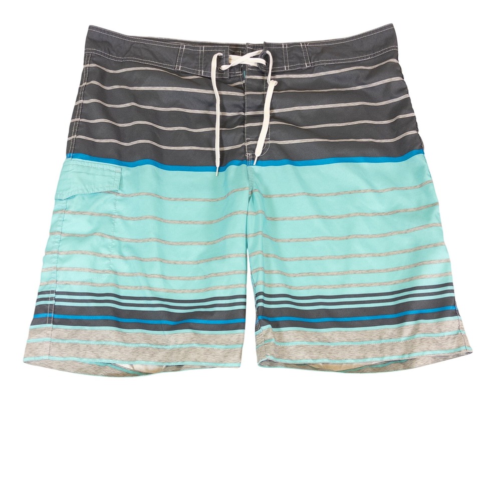 Old Navy Mens XXL Teal Grey Striped Board Shorts Swim Trunks Cargo Pocket 2XL